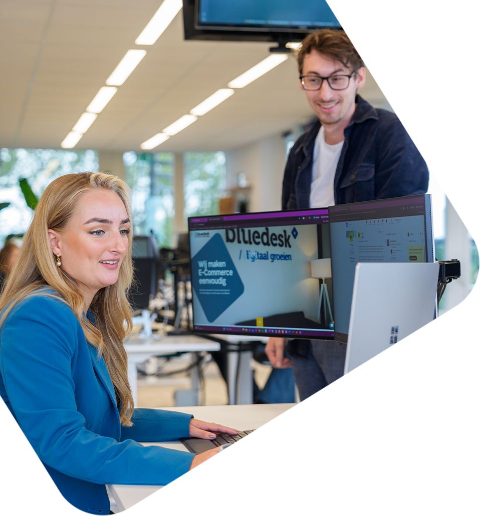 Vrouwlijke mederwerker kijkt naar scherm met collega die overleggen over pim goldpartner bluedesk